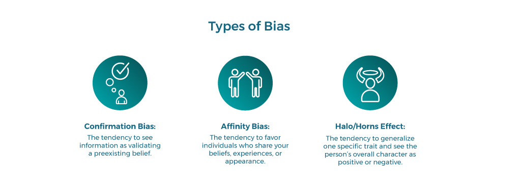 1. Confirmation bias: The tendency to see information as validating a preexisting belief. 2. Affinity bias: The tendency to favor individuals who share your beliefs, experiences, or appearance. 3. Halo/horns effect: The tendency to generalize one specific trait and see the person’s overall character as positive or negative.
