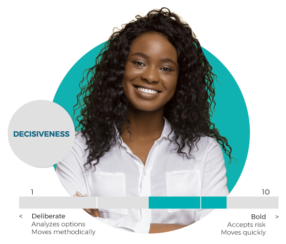 Close-up of a female candidate with PXT Select Sales Report decisiveness scale results from deliberate to bold